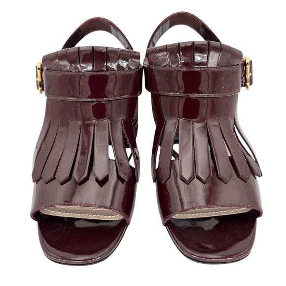 PRADA Patent Leather Fringe Trim Kiltie Buckle Sandals EU 39.5 US 9.5 Block Heel - Picture 2 of 11